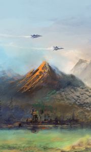 Preview wallpaper mountains, lake, aircraft, art