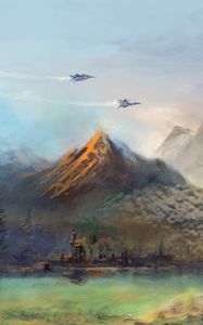 Preview wallpaper mountains, lake, aircraft, art