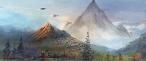 Preview wallpaper mountains, lake, aircraft, art