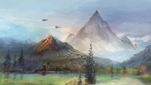 Preview wallpaper mountains, lake, aircraft, art