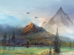 Preview wallpaper mountains, lake, aircraft, art
