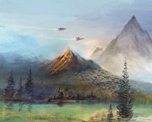 Preview wallpaper mountains, lake, aircraft, art