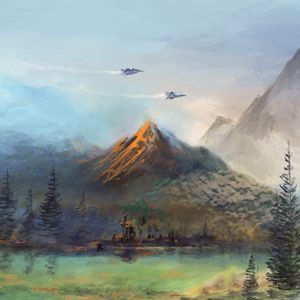Preview wallpaper mountains, lake, aircraft, art