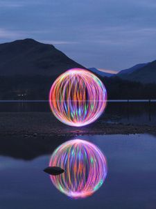 Preview wallpaper mountains, lake, ball, light, freezelight, long exposure