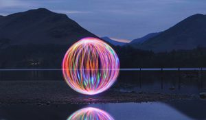 Preview wallpaper mountains, lake, ball, light, freezelight, long exposure