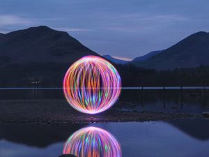 Preview wallpaper mountains, lake, ball, light, freezelight, long exposure