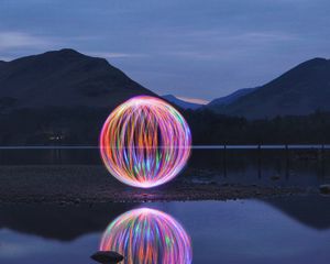 Preview wallpaper mountains, lake, ball, light, freezelight, long exposure