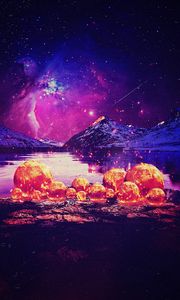 Preview wallpaper mountains, lake, balls, lights, night, space