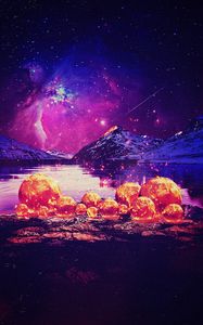 Preview wallpaper mountains, lake, balls, lights, night, space