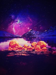 Preview wallpaper mountains, lake, balls, lights, night, space