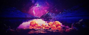 Preview wallpaper mountains, lake, balls, lights, night, space