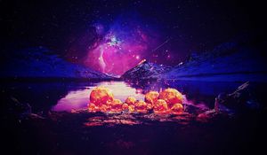 Preview wallpaper mountains, lake, balls, lights, night, space