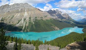 Preview wallpaper mountains, lake, blue water, wood, coniferous, purity, bottom