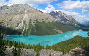 Preview wallpaper mountains, lake, blue water, wood, coniferous, purity, bottom