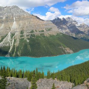 Preview wallpaper mountains, lake, blue water, wood, coniferous, purity, bottom