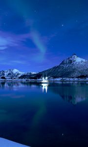 Preview wallpaper mountains, lake, boat, ice, sunset, starry sky