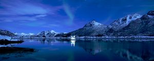 Preview wallpaper mountains, lake, boat, ice, sunset, starry sky