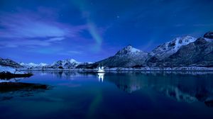 Preview wallpaper mountains, lake, boat, ice, sunset, starry sky