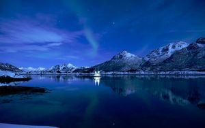 Preview wallpaper mountains, lake, boat, ice, sunset, starry sky