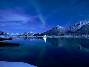 Preview wallpaper mountains, lake, boat, ice, sunset, starry sky