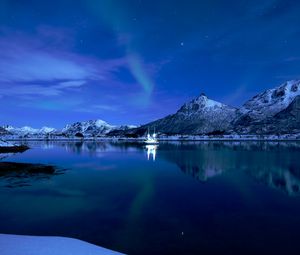 Preview wallpaper mountains, lake, boat, ice, sunset, starry sky