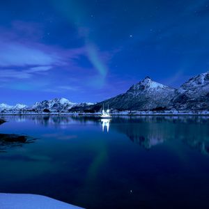 Preview wallpaper mountains, lake, boat, ice, sunset, starry sky