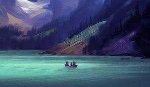 Preview wallpaper mountains, lake, boat, friends, art