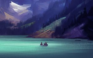 Preview wallpaper mountains, lake, boat, friends, art