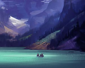 Preview wallpaper mountains, lake, boat, friends, art