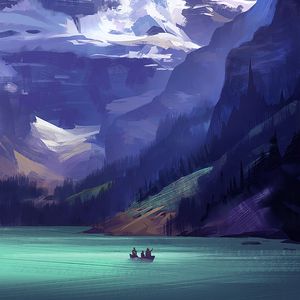Preview wallpaper mountains, lake, boat, friends, art