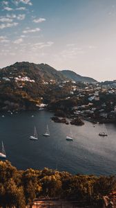 Preview wallpaper mountains, lake, boats, landscape, sky, aerial view