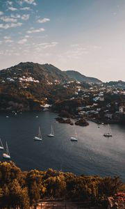 Preview wallpaper mountains, lake, boats, landscape, sky, aerial view