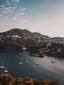 Preview wallpaper mountains, lake, boats, landscape, sky, aerial view