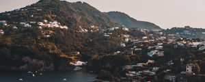 Preview wallpaper mountains, lake, boats, landscape, sky, aerial view