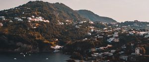 Preview wallpaper mountains, lake, boats, landscape, sky, aerial view