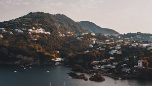 Preview wallpaper mountains, lake, boats, landscape, sky, aerial view