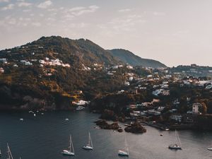 Preview wallpaper mountains, lake, boats, landscape, sky, aerial view