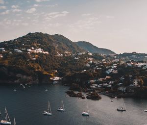 Preview wallpaper mountains, lake, boats, landscape, sky, aerial view