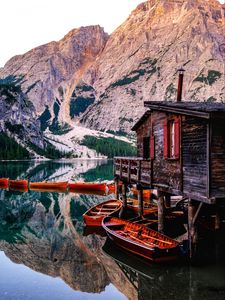 Preview wallpaper mountains, lake, boats, pier, building