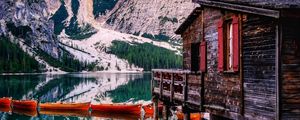 Preview wallpaper mountains, lake, boats, pier, building