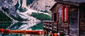 Preview wallpaper mountains, lake, boats, pier, building