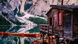 Preview wallpaper mountains, lake, boats, pier, building