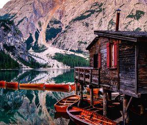 Preview wallpaper mountains, lake, boats, pier, building