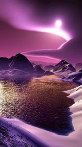 Preview wallpaper mountains, lake, bottom, night, moon, light, clouds, graphics