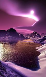 Preview wallpaper mountains, lake, bottom, night, moon, light, clouds, graphics