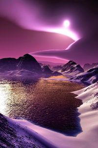 Preview wallpaper mountains, lake, bottom, night, moon, light, clouds, graphics