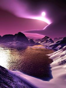 Preview wallpaper mountains, lake, bottom, night, moon, light, clouds, graphics