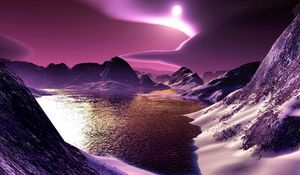 Preview wallpaper mountains, lake, bottom, night, moon, light, clouds, graphics