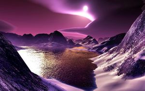 Preview wallpaper mountains, lake, bottom, night, moon, light, clouds, graphics