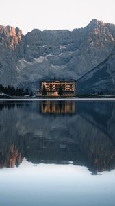 Preview wallpaper mountains, lake, building, architecture, reflection